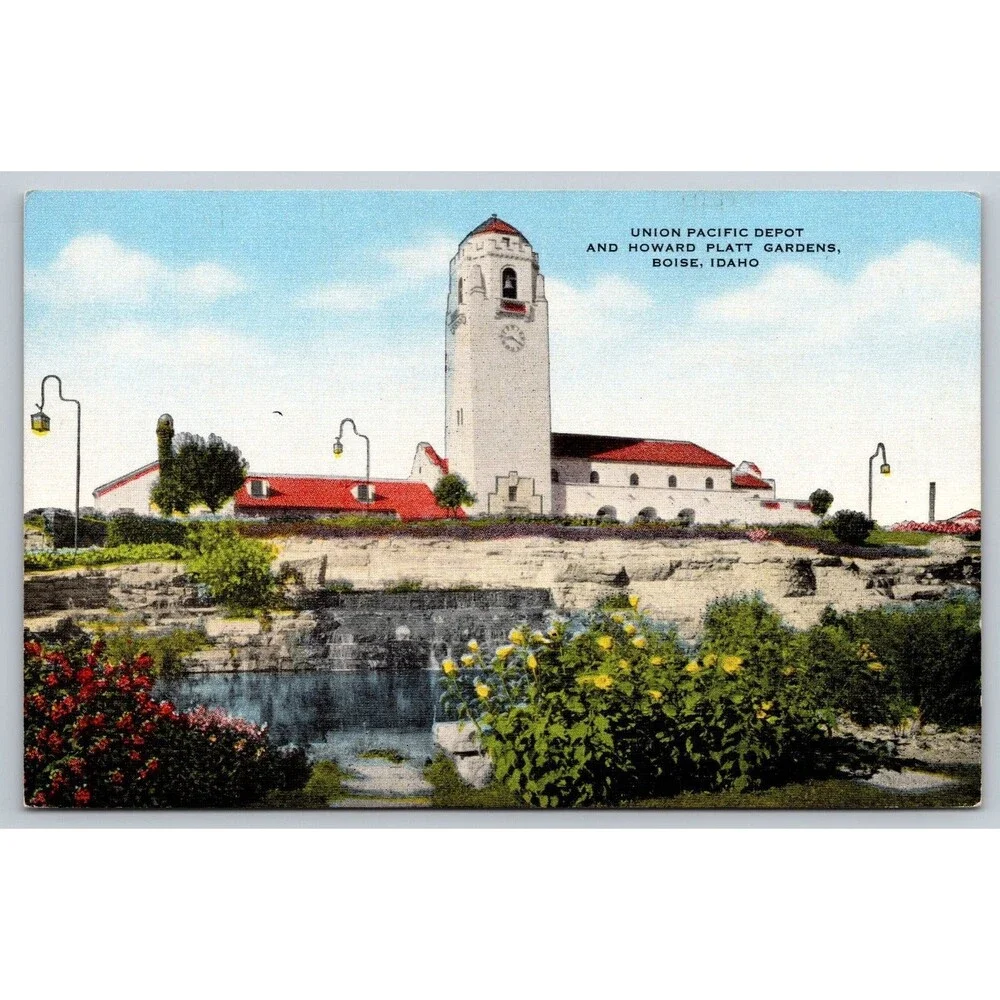 Vtg Boise Idaho Postcard Union Pacific Depot Howard Platt Gardens Linen 1940s